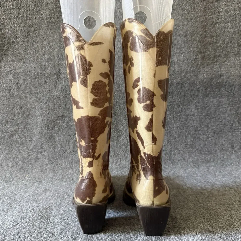Donald J Pliner Western Equestrian Rain Boots Cow Print Brown Beige 8 Rubber